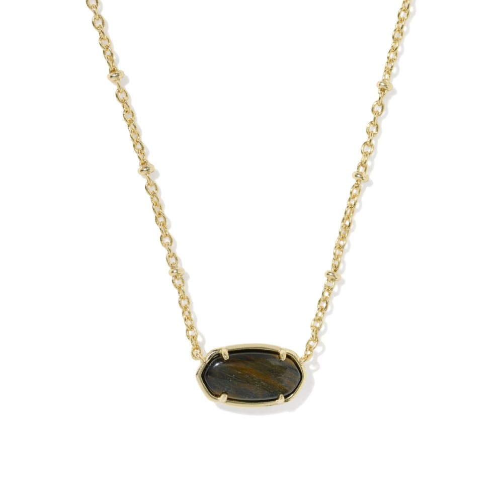 A gold chain necklace featuring an oval-shaped dark brown and black stone pendant, displayed against a clean white background.