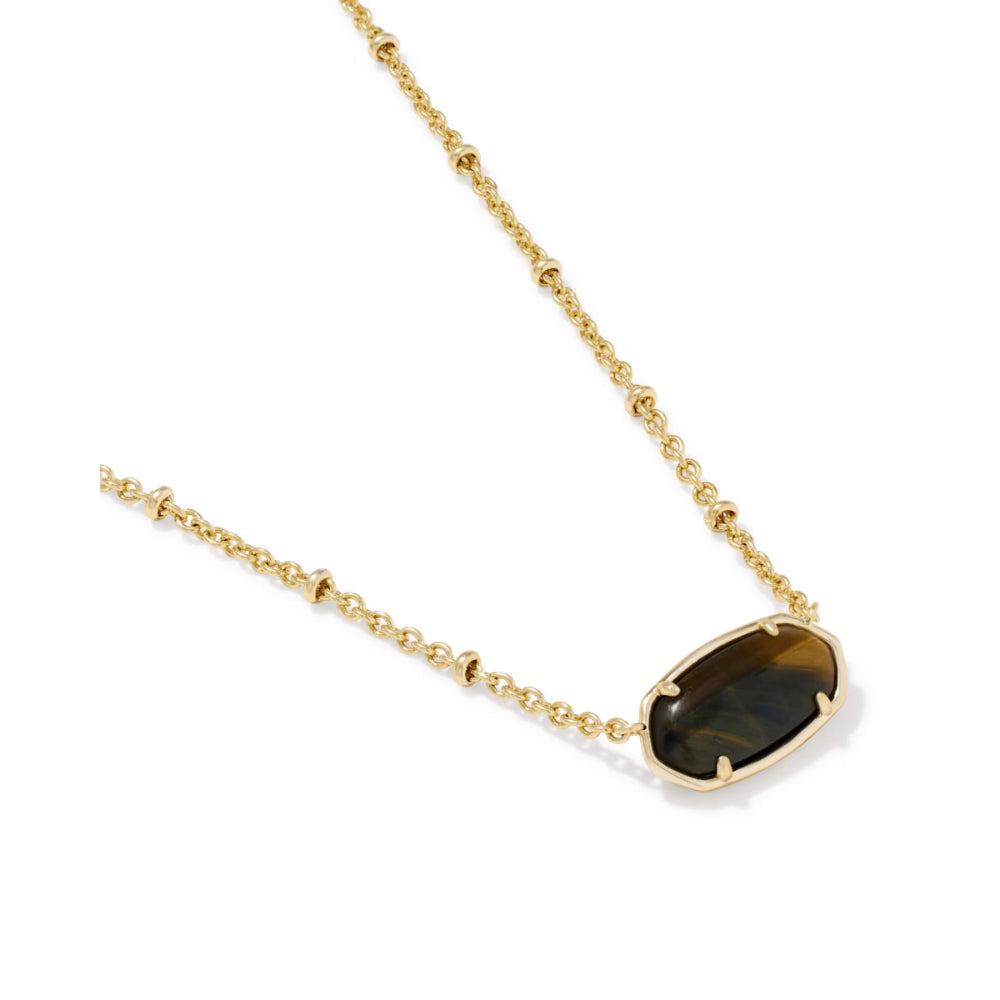 A gold chain necklace featuring an oval-shaped dark brown tiger's eye stone pendant, set against a plain white background.