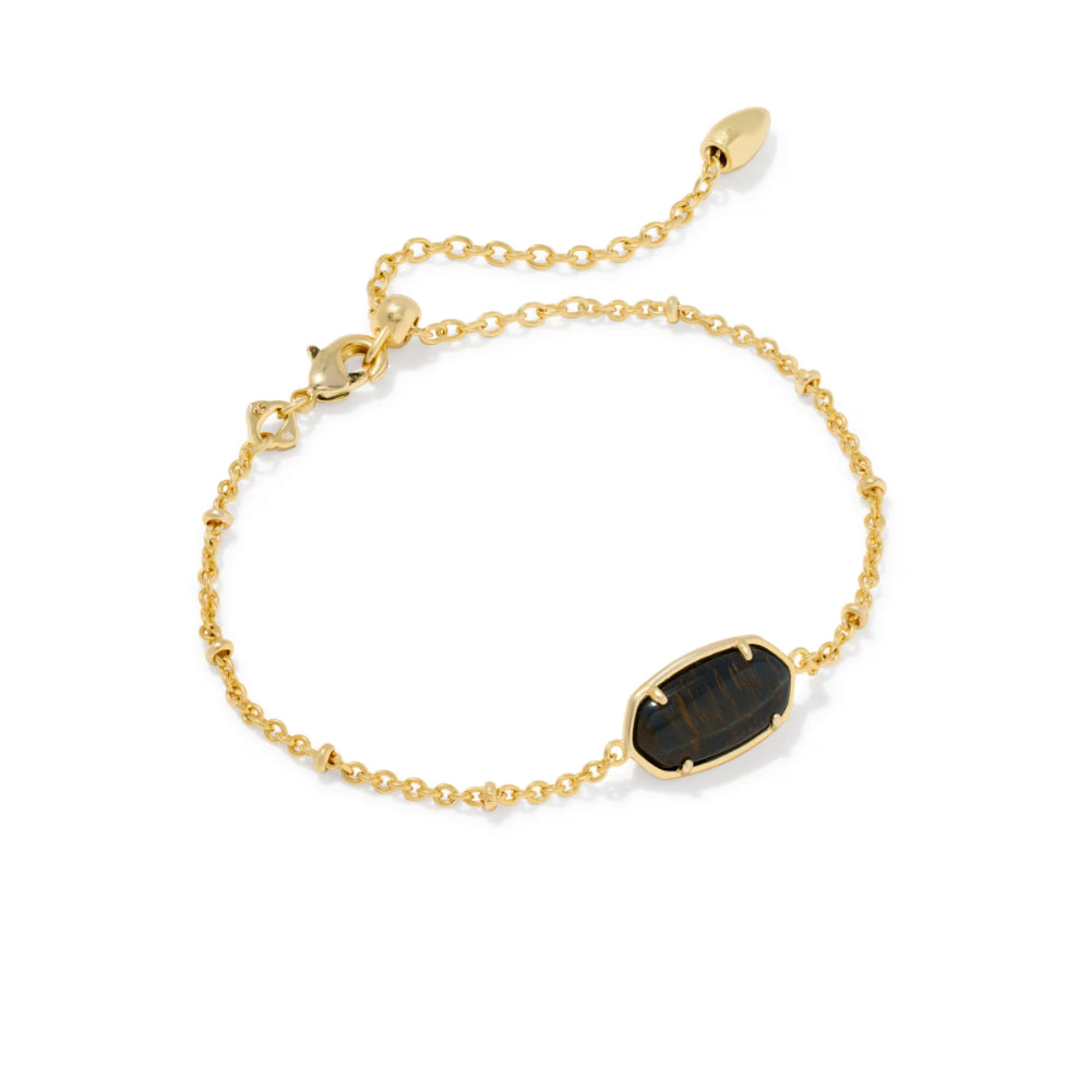 A gold chain bracelet featuring a dark brown tiger's eye stone in an oval bezel setting, displayed on a clean white background.
