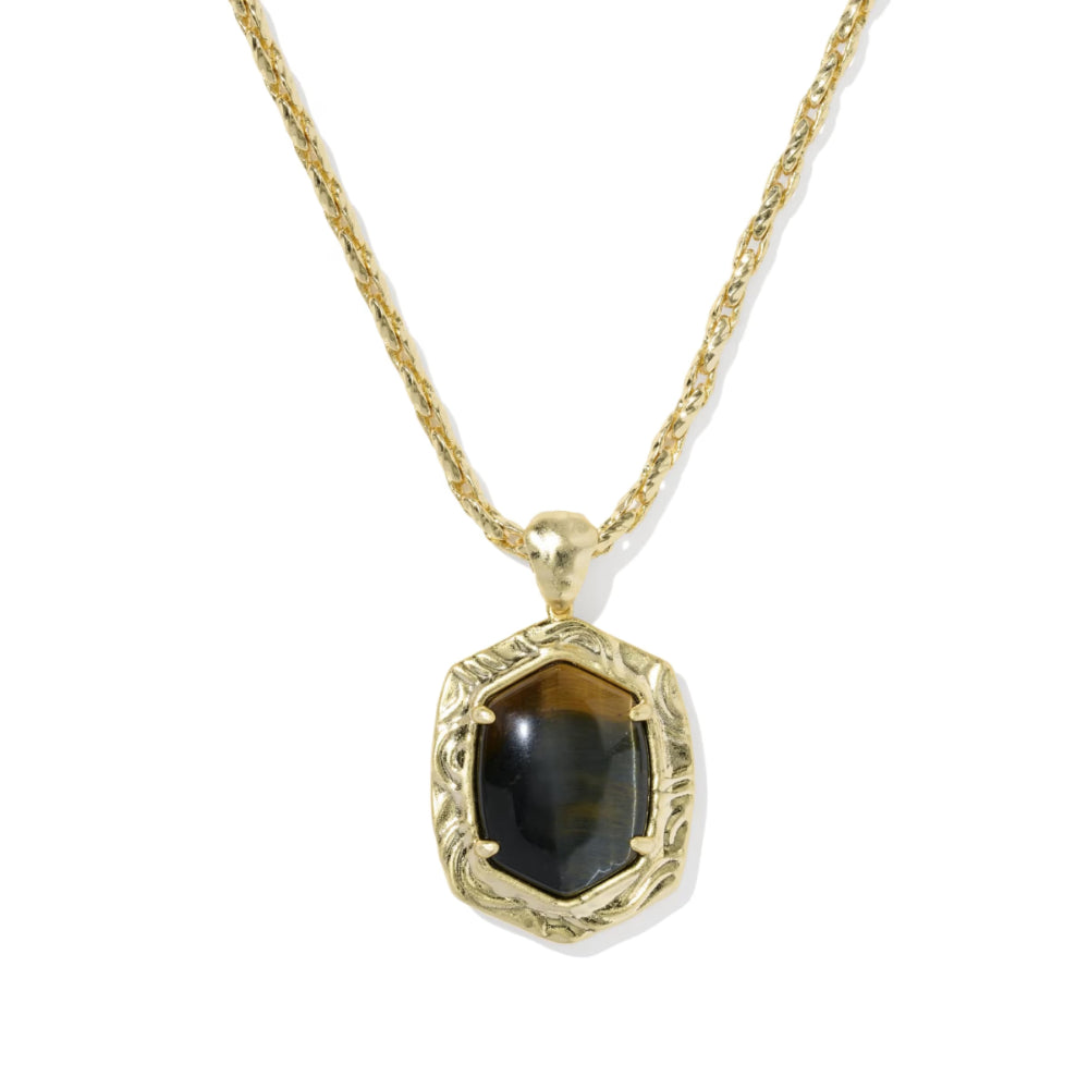A gold chain necklace with a textured gold bezel setting holding a dark brown and black tiger's eye stone, shown against a plain white background.