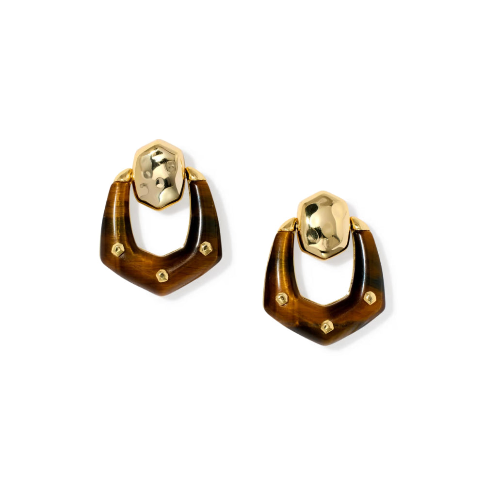 A pair of gold and brown geometric hoop earrings with a faceted gold top and small gold studs, shown on a plain white background.