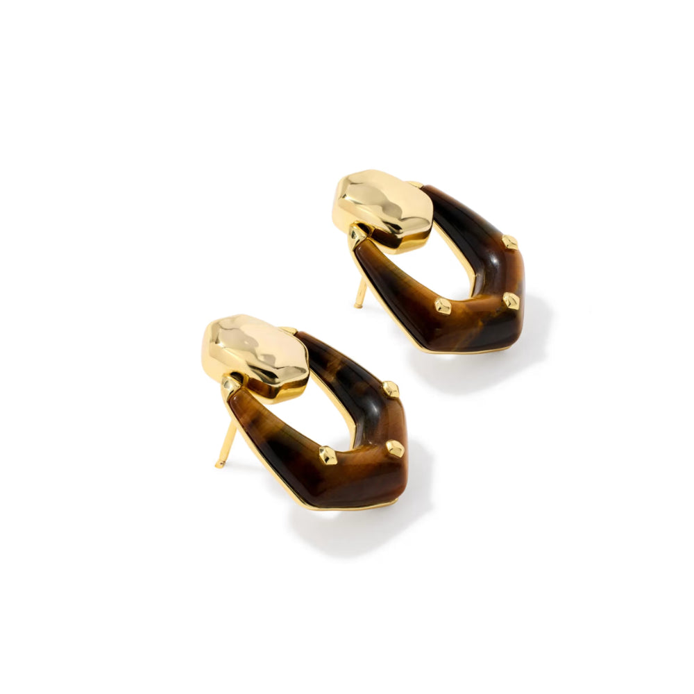 A pair of geometric hoop earrings with a glossy tortoiseshell pattern and gold-tone metal studs, displayed on a clean white background.