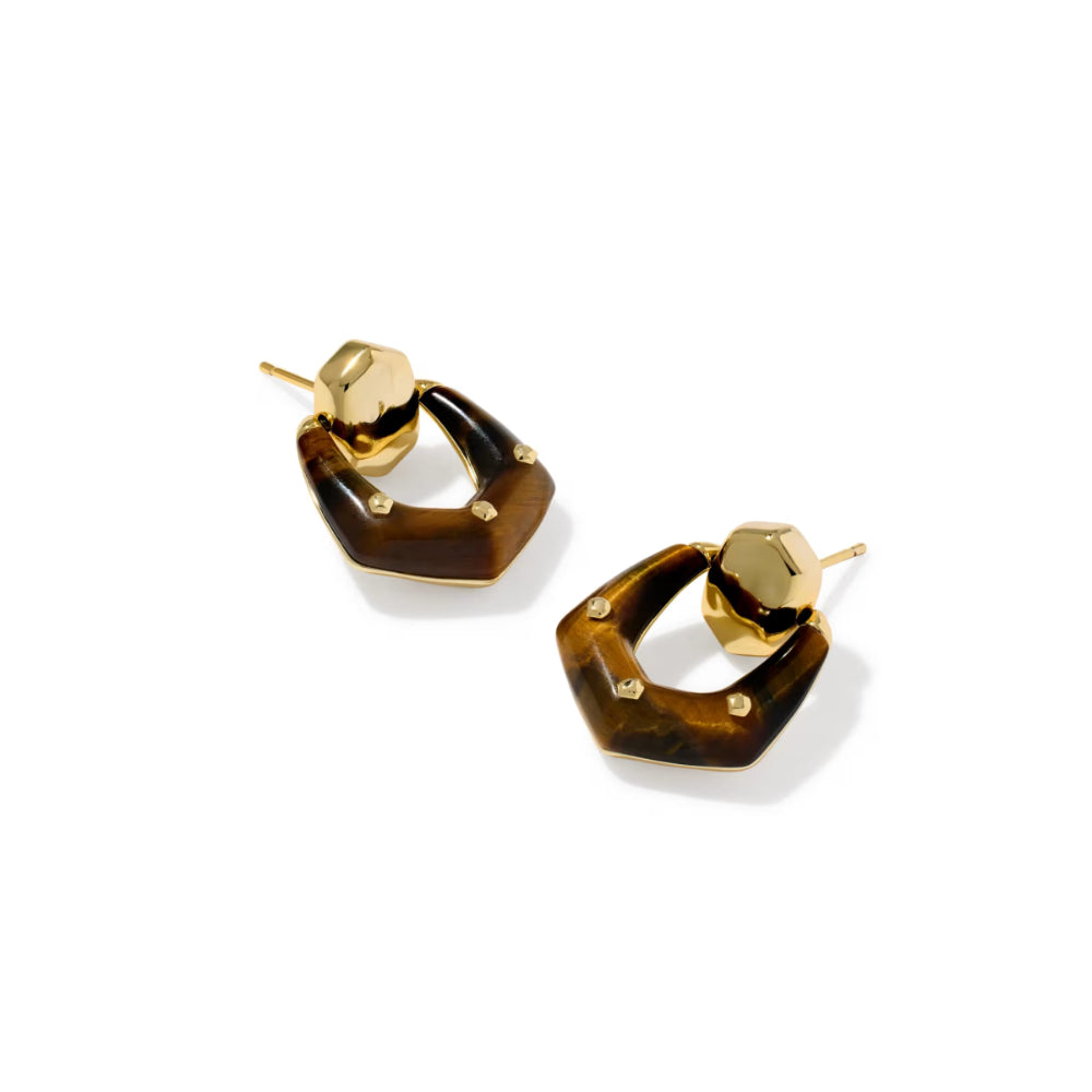 A pair of gold and brown geometric hoop earrings with faceted gold studs, displayed on a clean white background.