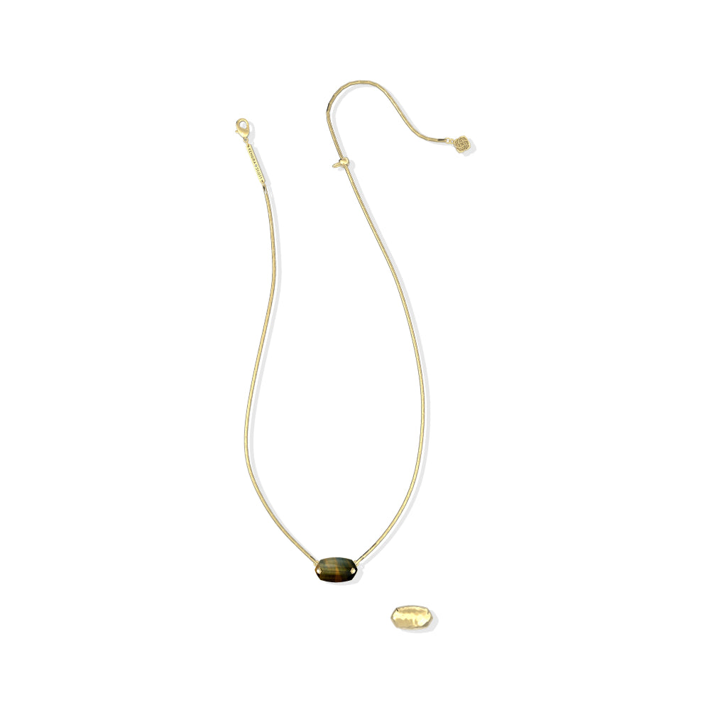 A delicate gold chain necklace featuring a small oval dark green gemstone pendant and a small gold tag below it, displayed on a clean white background.