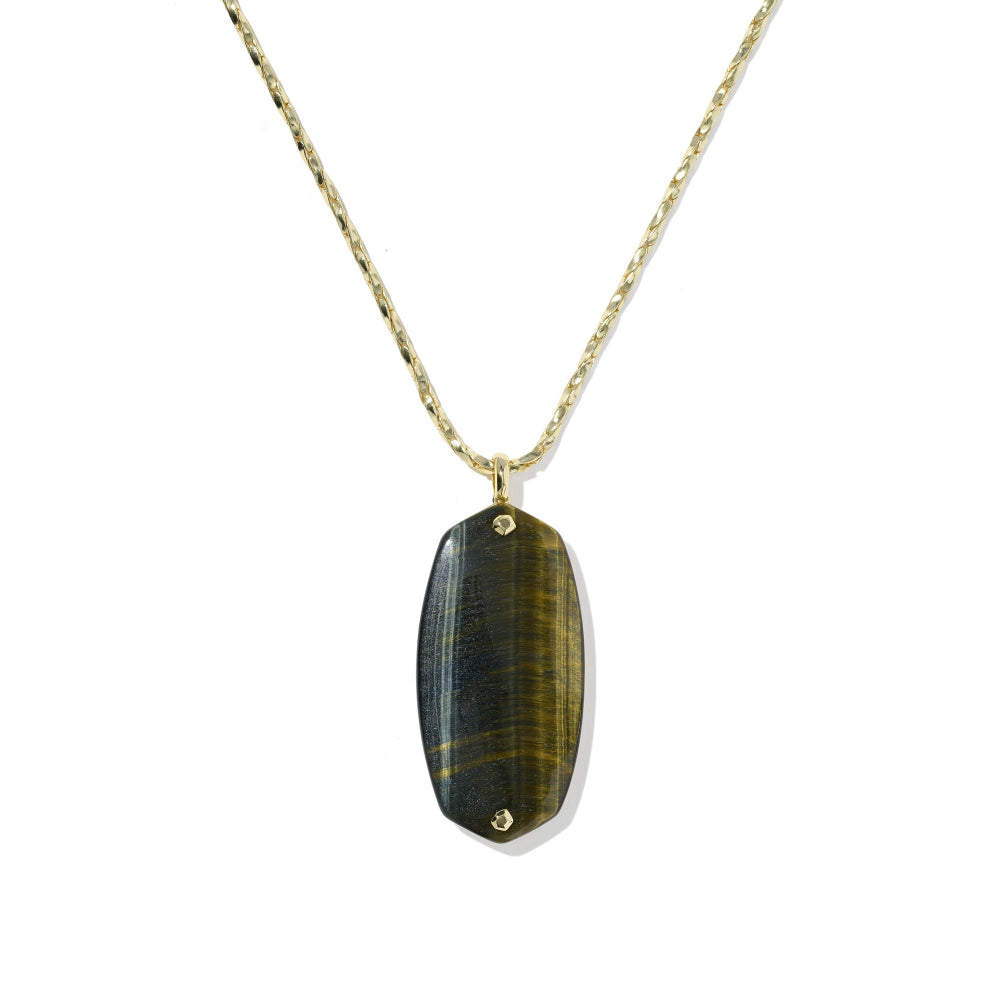 A gold chain necklace featuring a vertically oriented, rounded rectangular pendant made of tiger's eye stone, set against a plain white background.
