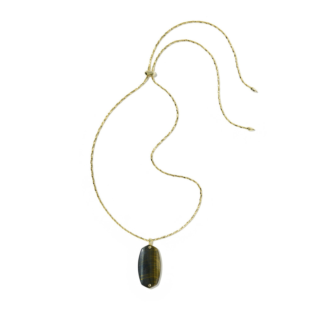 A gold-toned rope chain necklace with a polished oval tiger's eye pendant, displayed on a clean white background.