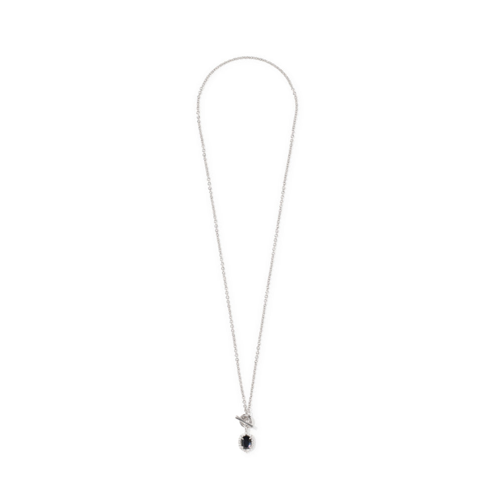 A delicate silver chain necklace with a small silver bird pendant holding a dark oval gemstone, displayed against a solid white background.