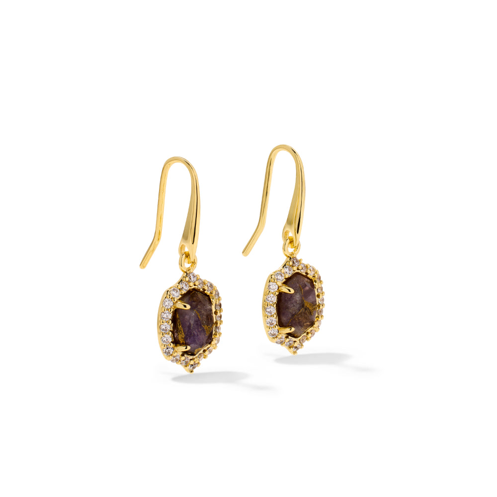 A pair of gold drop earrings with marquise-shaped dark purple gemstones surrounded by small clear stones, shown on a clean white background.