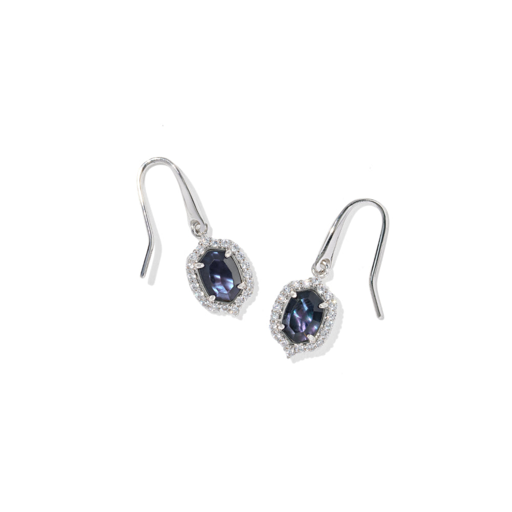 A pair of silver drop earrings featuring oval iridescent blue-purple gemstones surrounded by small clear stones, set on silver French hook ear wires against a plain white background.