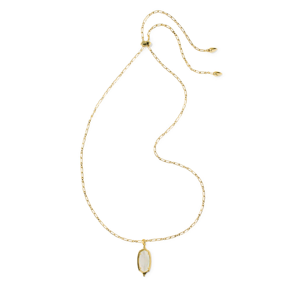 A delicate gold chain necklace with an adjustable slider clasp and a small oval pendant featuring a milky white stone, displayed on a clean white background.