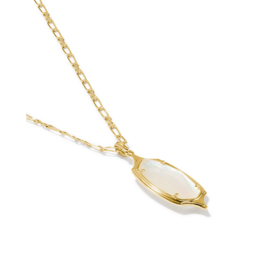 A gold Figaro chain necklace with a gold bezel-set pendant holding a milky white cabochon gemstone, shown on a clean white background.