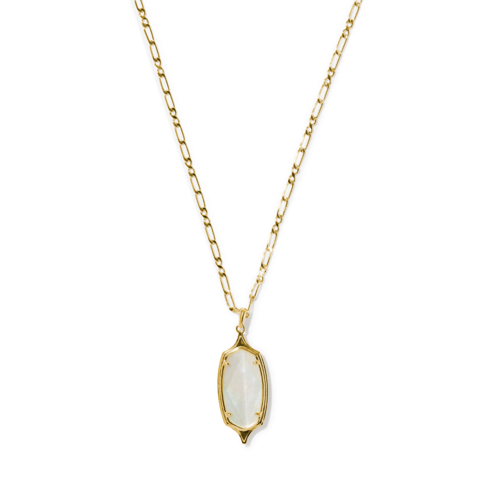 A gold chain necklace with a gold frame holding a white iridescent oval stone, shown on a plain white background.