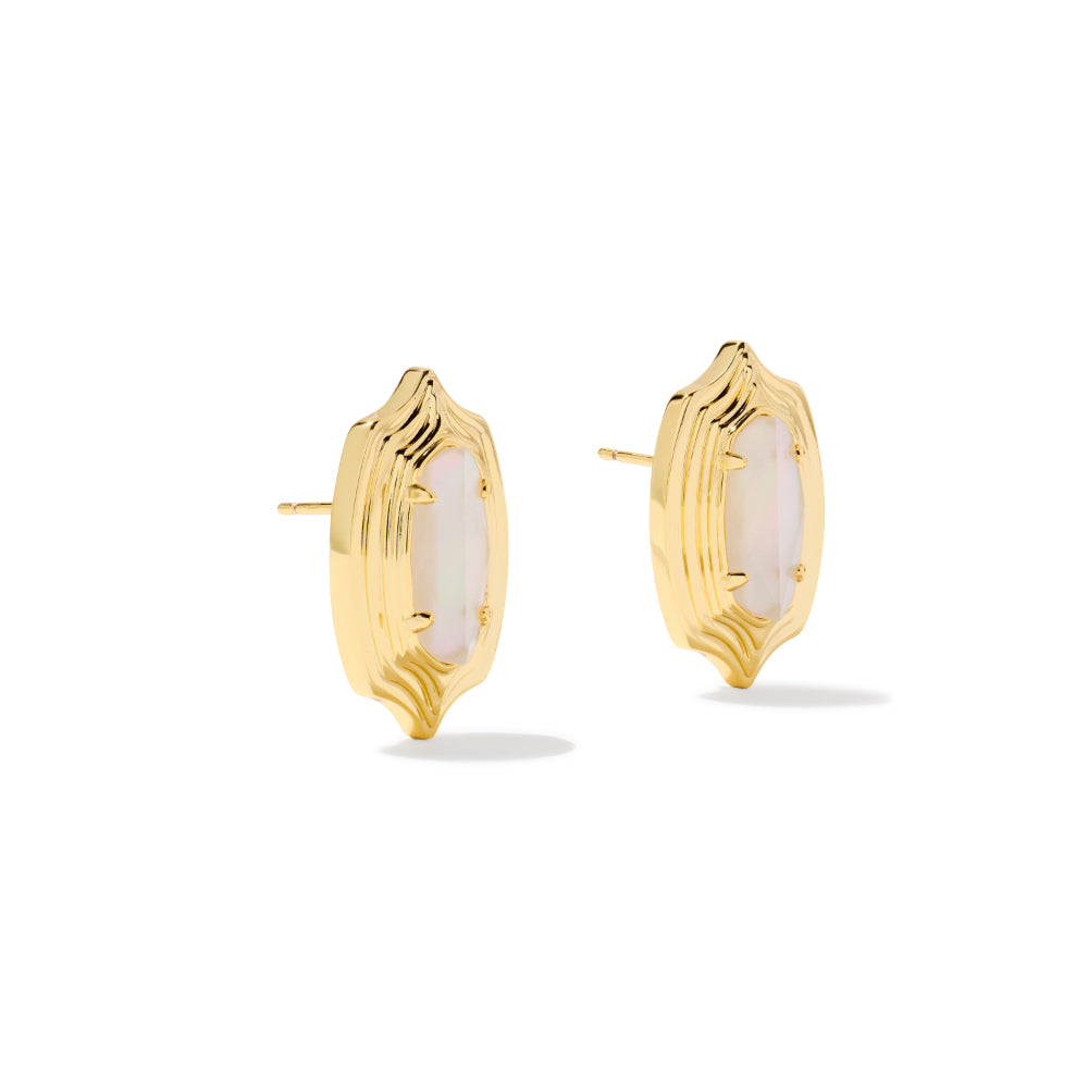 A pair of gold-toned oval stud earrings with a white iridescent inlay, shown on a clean white background.