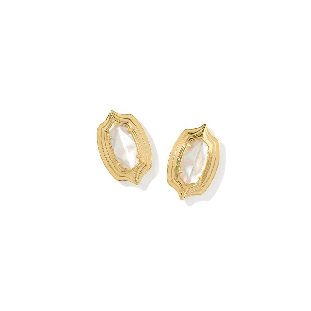 A pair of gold-toned stud earrings with irregular scalloped edges and pear-shaped milky white inlays, shown on a clean white background.