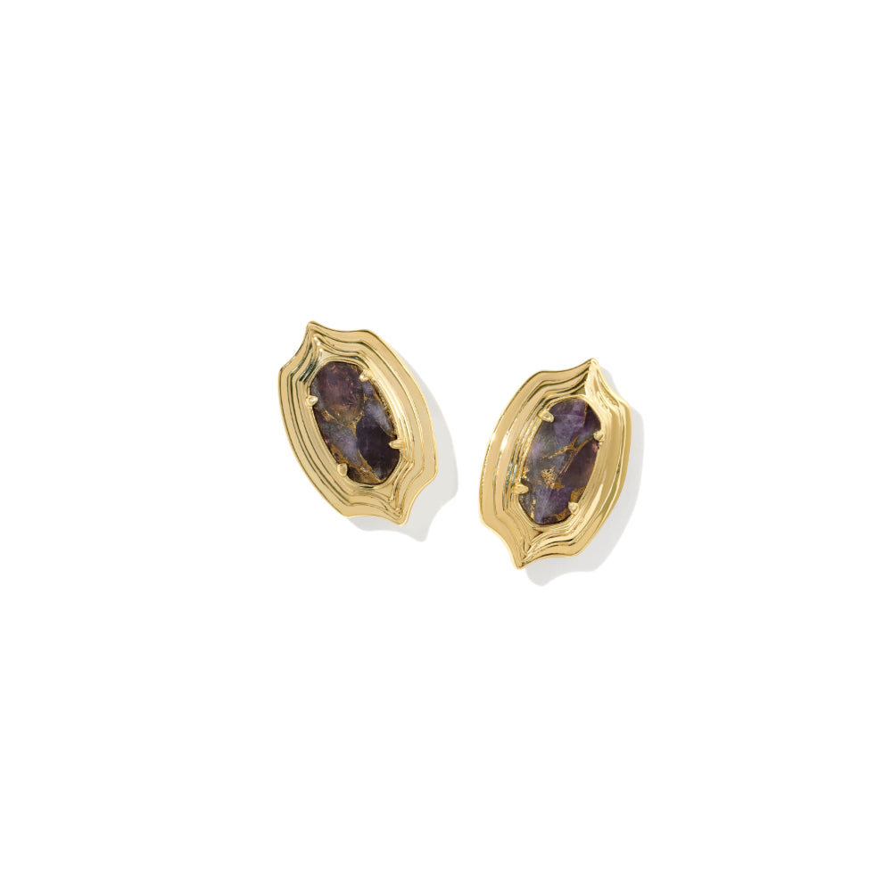 A pair of gold shield-shaped stud earrings with marquise-cut purple and brown opal inlays, set against a plain white background.