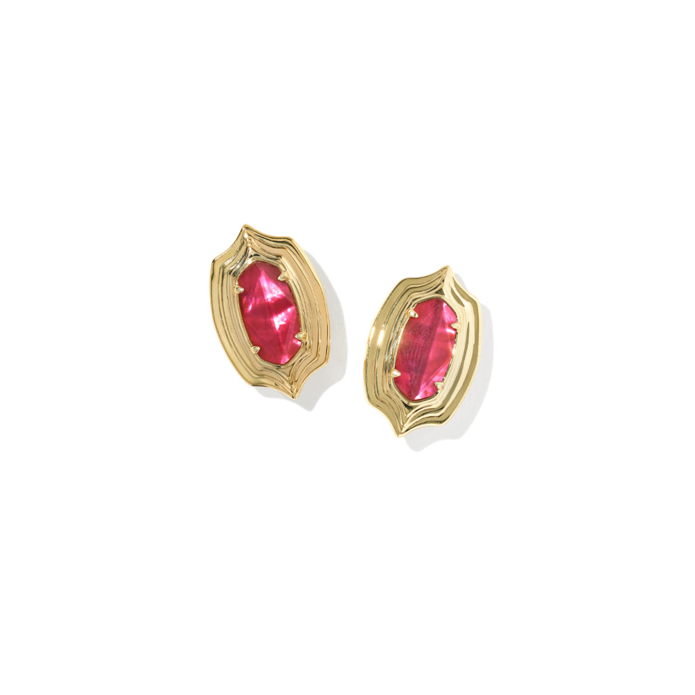 A pair of gold-toned stud earrings with marquise-cut pink gemstones, displayed on a clean white background.