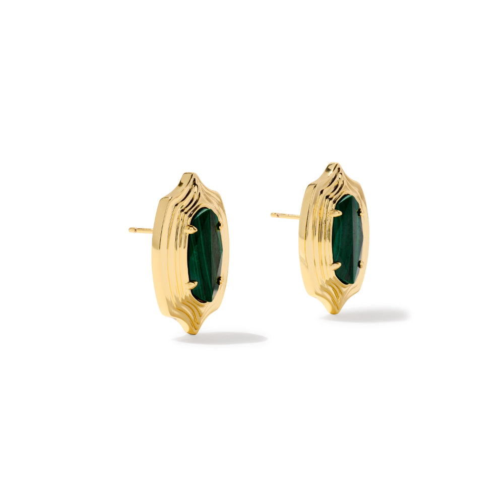 A pair of gold-toned stud earrings with textured, scalloped edges and deep green marquise-cut stones, displayed on a clean white background.