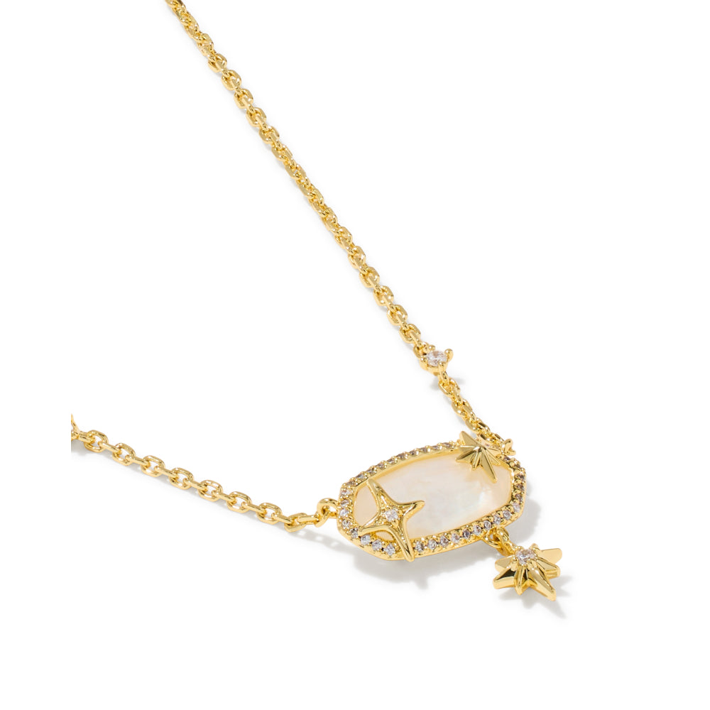 A gold chain necklace featuring an oval pendant with a milky white center, surrounded by small clear stones and decorated with two gold stars, plus a dangling star charm, shown on a white background.