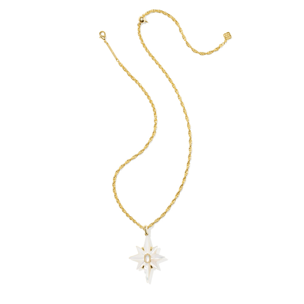 A gold chain necklace featuring a white starburst pendant with a central gold sun motif, displayed on a clean white background.