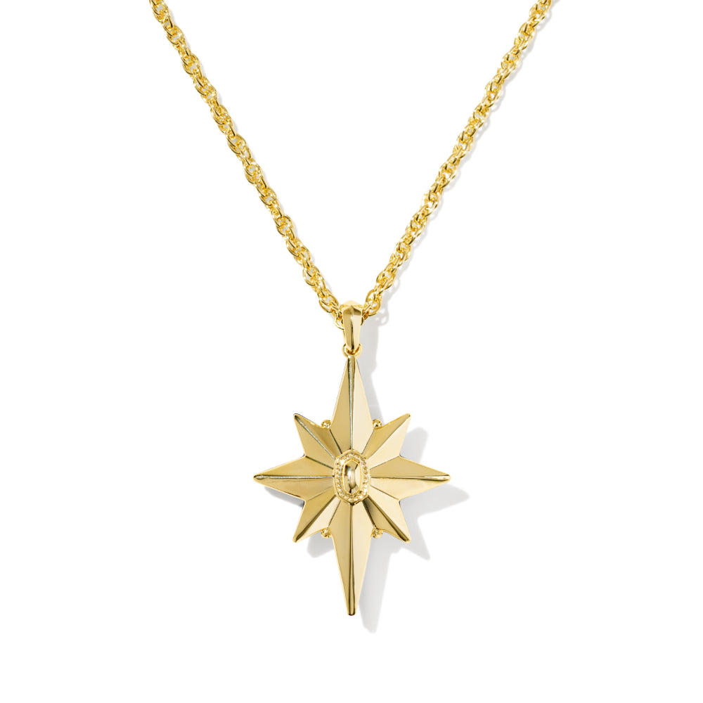 A gold necklace featuring a polished nine-pointed starburst pendant with a small clear central gemstone, suspended from a gold chain on a white background.
