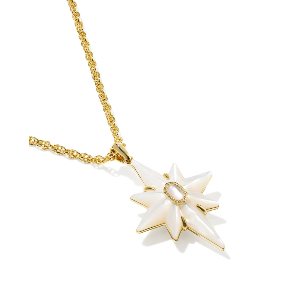 A gold chain necklace featuring a starburst pendant made of white mother-of-pearl segments with a small oval pearl in the center, set in gold.