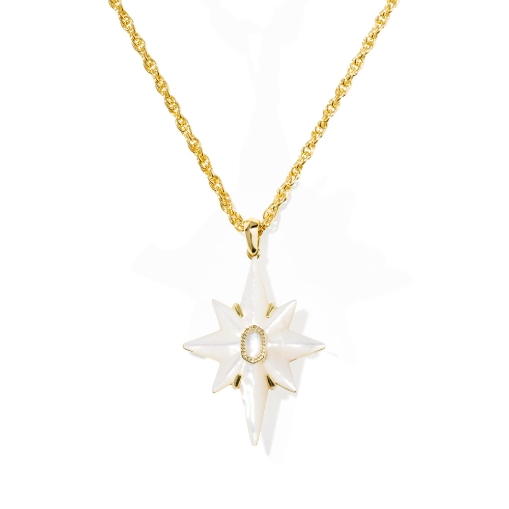 A gold chain necklace featuring a star-shaped pendant made of white mother-of-pearl with a small gold bezel-set oval in the center, shown on a white background.