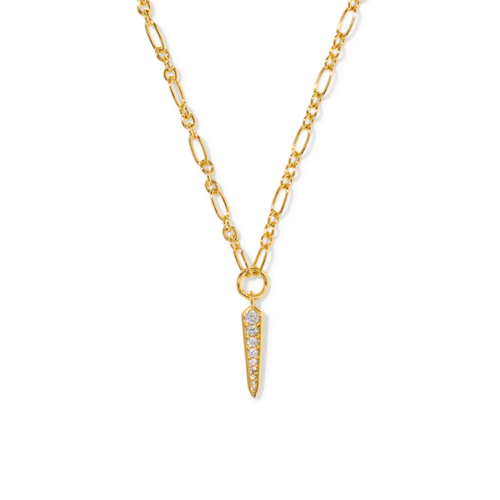 A gold chain necklace featuring a pointed, cone-shaped pendant studded with small clear crystals, displayed against a solid white background.