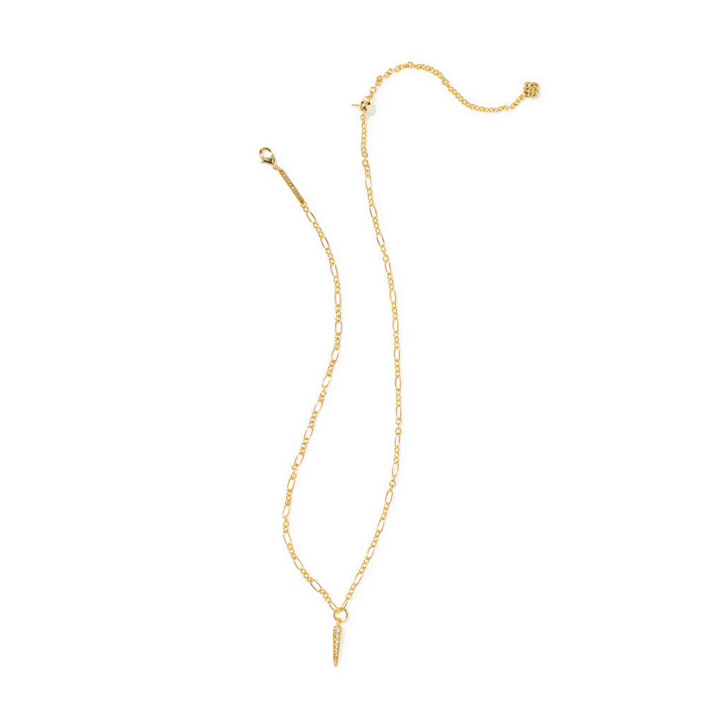 A delicate gold chain necklace featuring a small, tapered diamond-paved drop pendant, displayed on a clean white background.