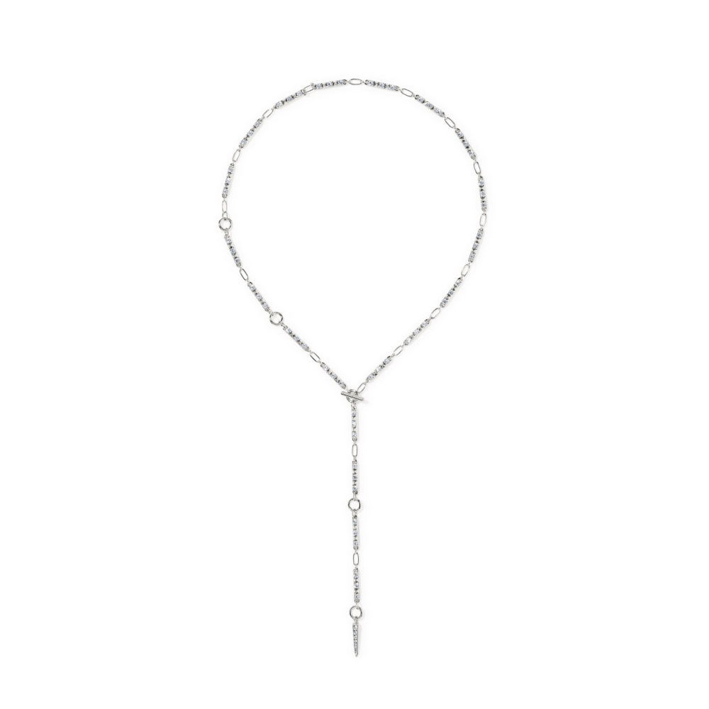 A delicate silver Y-necklace featuring a textured chain, a central star-shaped connector, and a long drop chain with small circular links and a pointed pendant, shown on a plain white background.