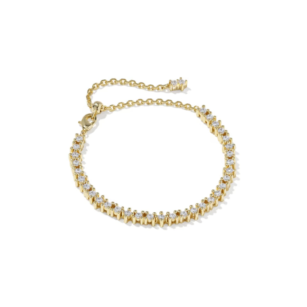 A delicate gold chain bracelet adorned with small clear gemstones, displayed on a clean white background.
