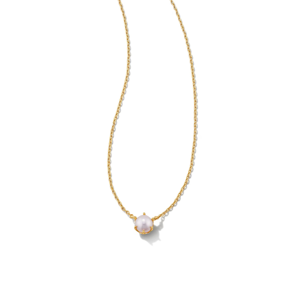 A delicate gold chain necklace featuring a small, textured gold bezel holding a white pearl pendant, set against a plain white background.