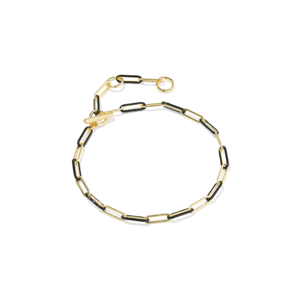 A gold paperclip chain bracelet with a toggle clasp and extension ring, displayed on a clean white background.