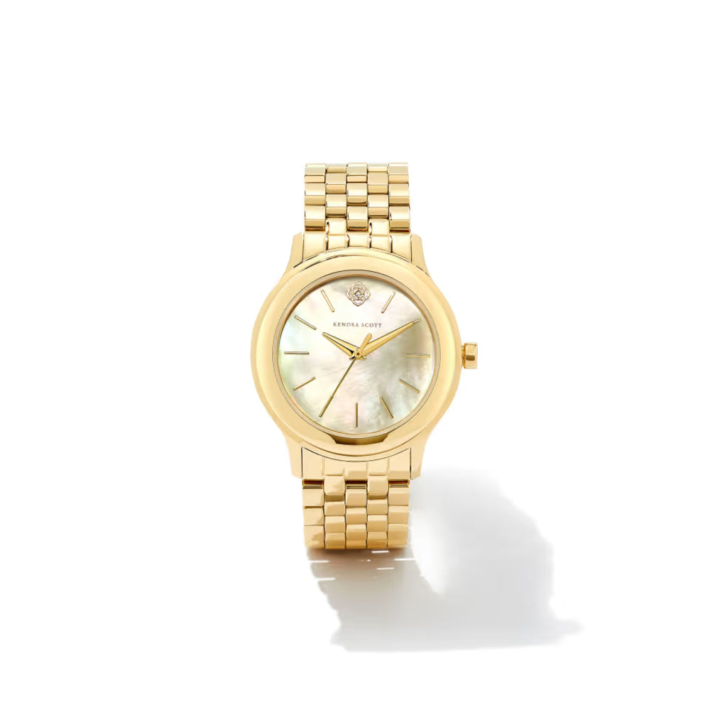 Gold wristwatch with a light face on a white background