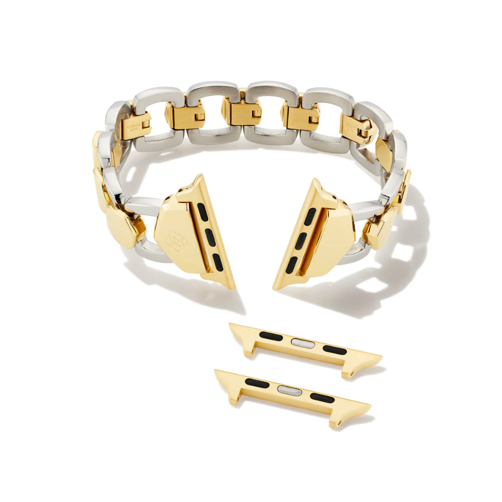 Gold and silver watch band with geometric designs on a white background