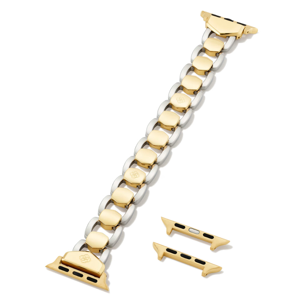 Two-tone gold and silver watch strap with additional links on a white background