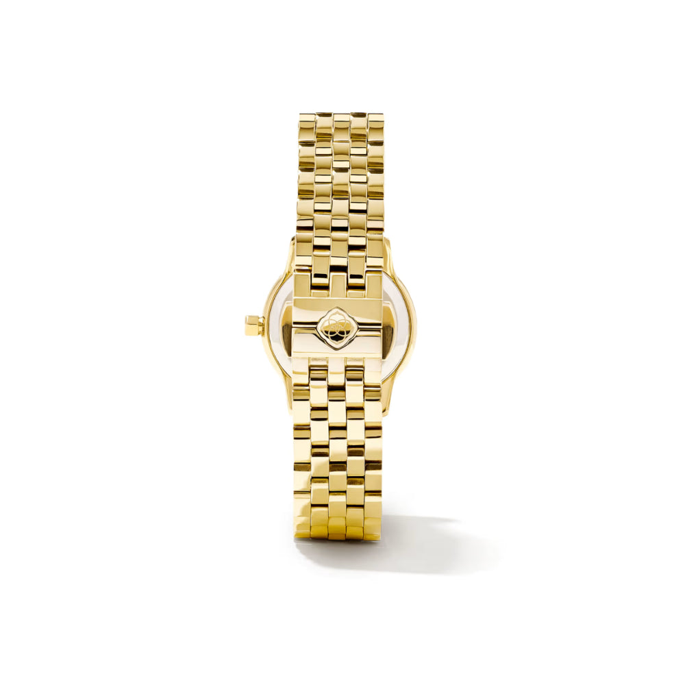 A gold-tone wristwatch with a matching link bracelet and a round case, shown from the back on a clean white background.
