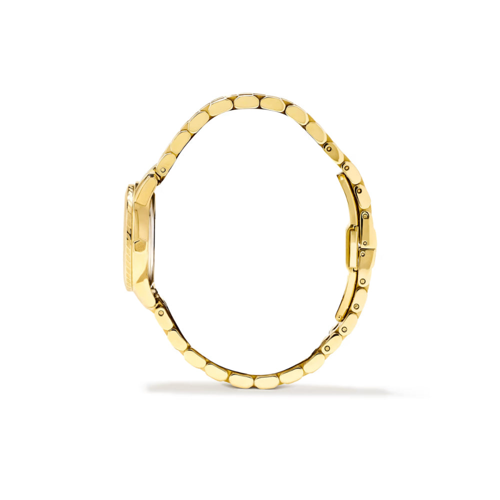 A gold-tone watch with a matching metal link bracelet, shown from a side profile view against a clean white background.