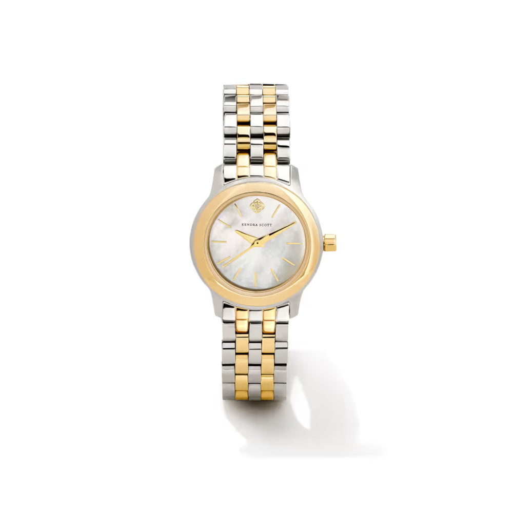 Two-tone watch with silver and gold bracelet on a white background