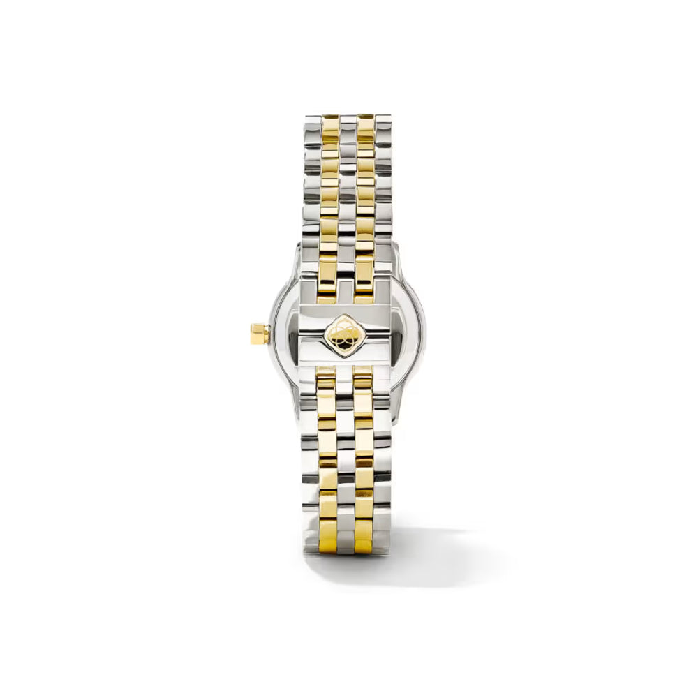 Two-tone watch with gold and silver band on a white background