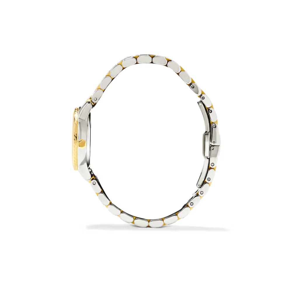 Two-tone watch with gold and silver bands on a white background