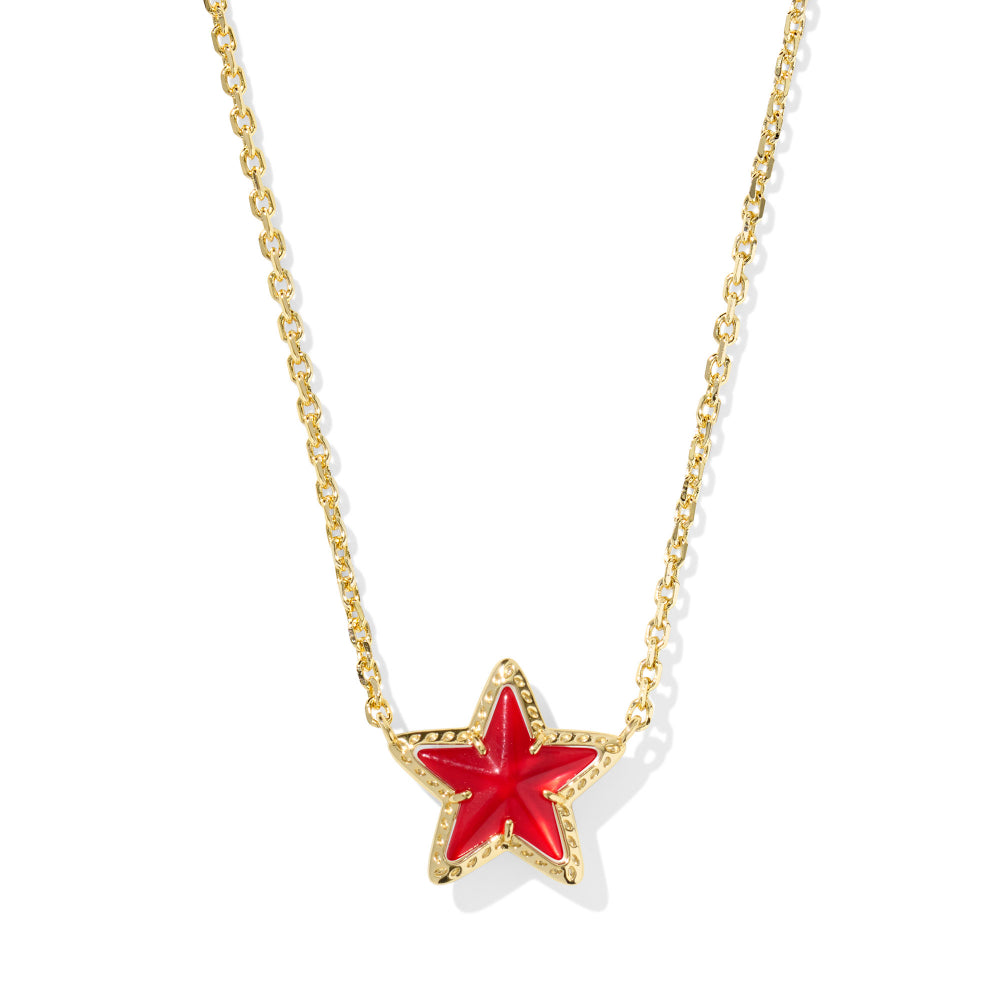 Gold necklace with a red star pendant on a white background