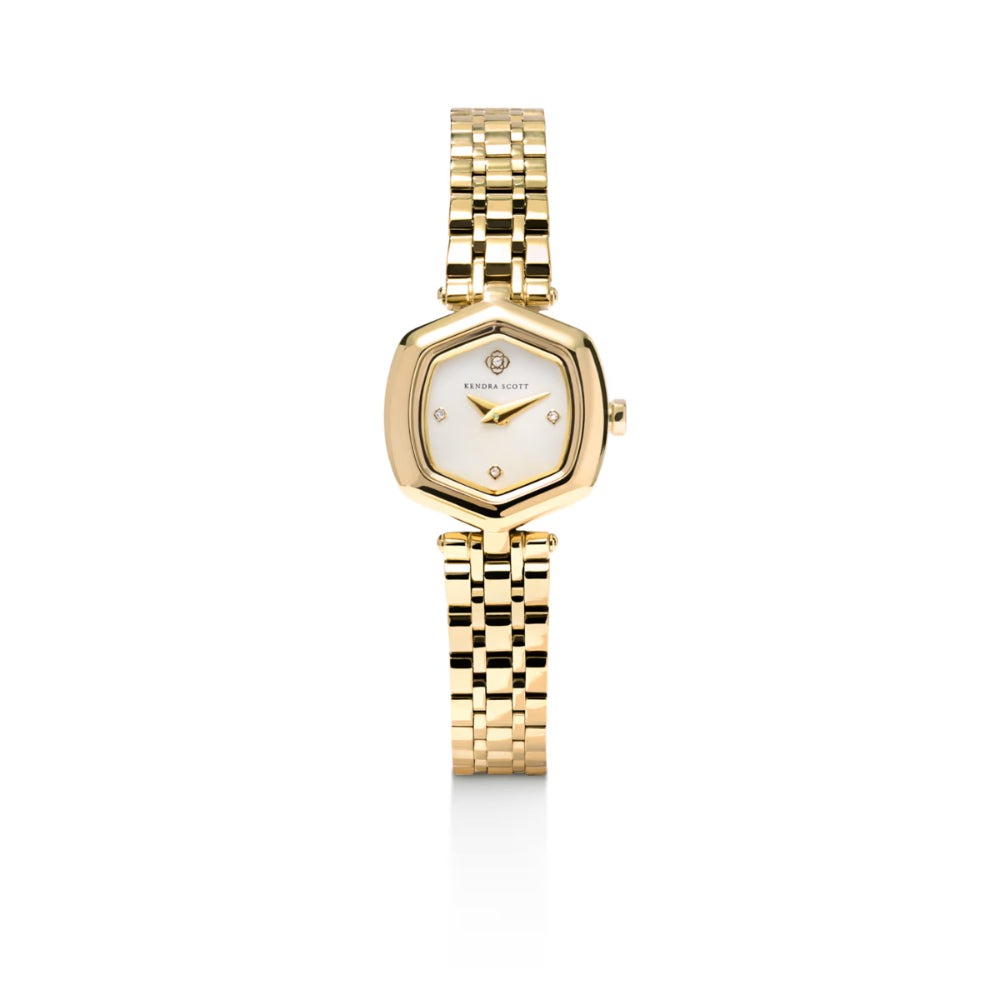 Gold watch with a checkered band on a white background