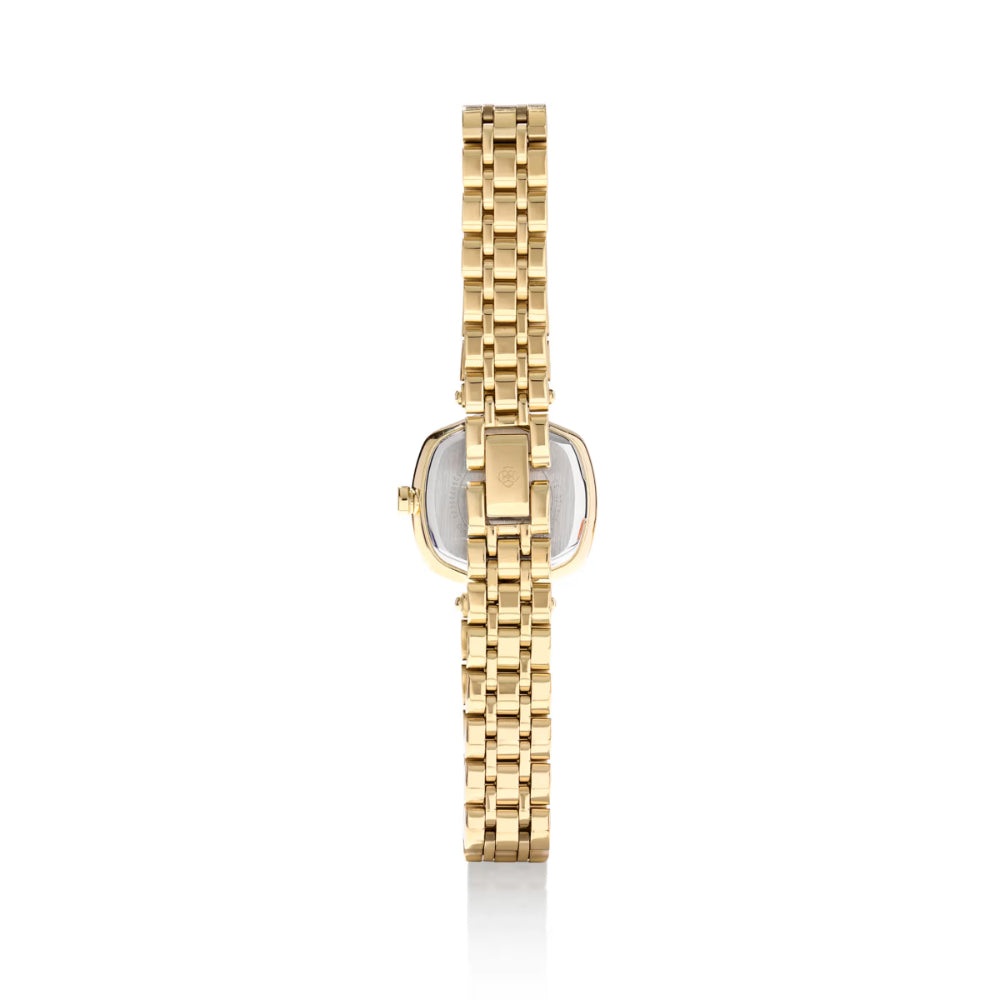 Gold watch with a white face on a white background
