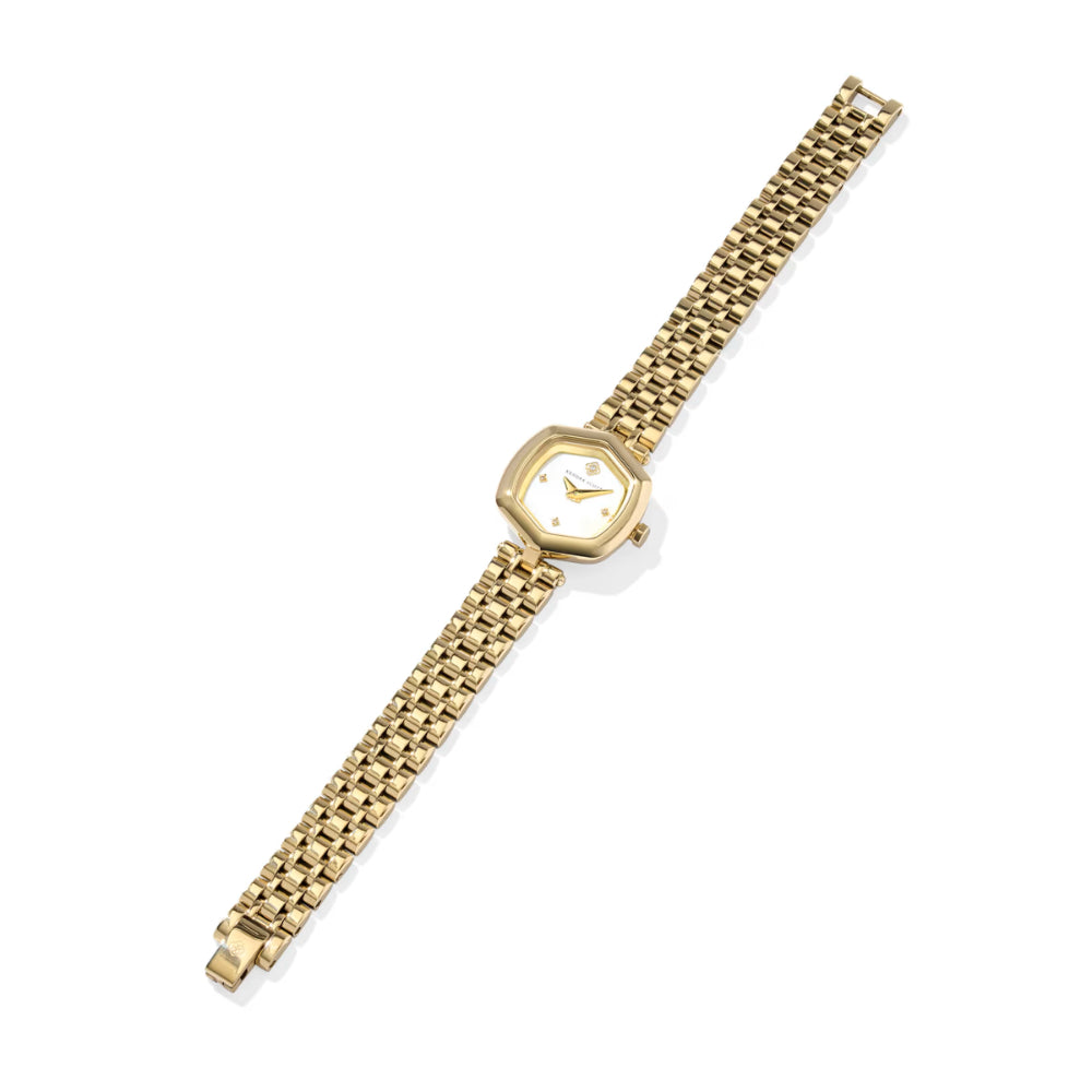 Gold watch with a chain-like bracelet on a white background