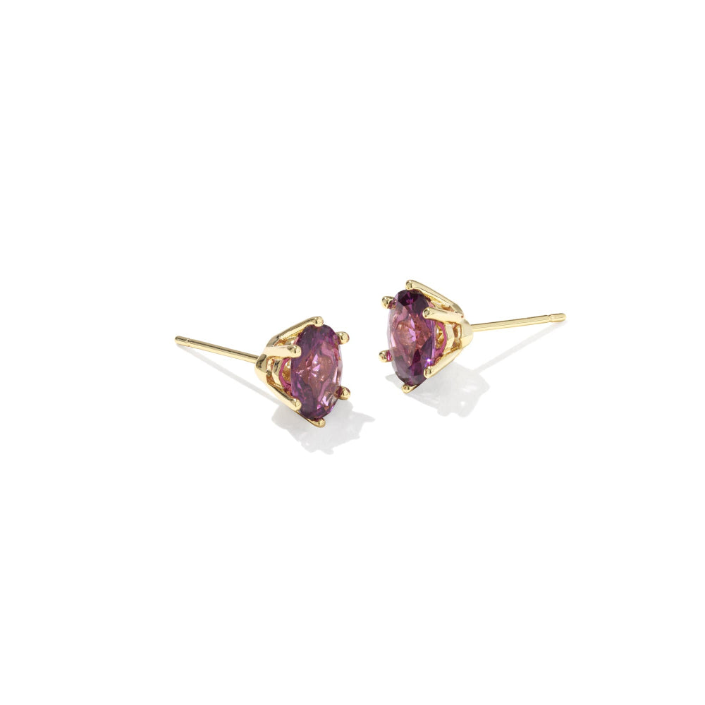Gold earrings with purple gemstones on a white background