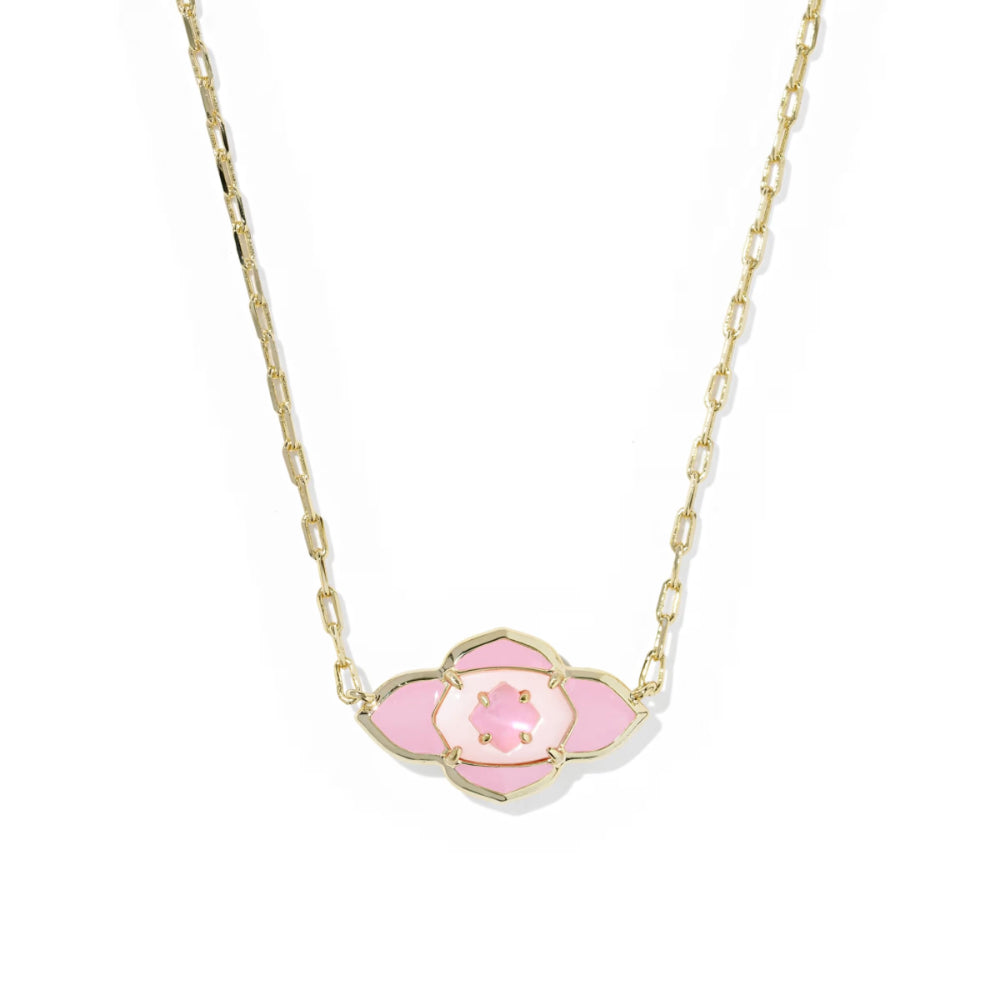 Necklace with a pink floral pendant on a white background
