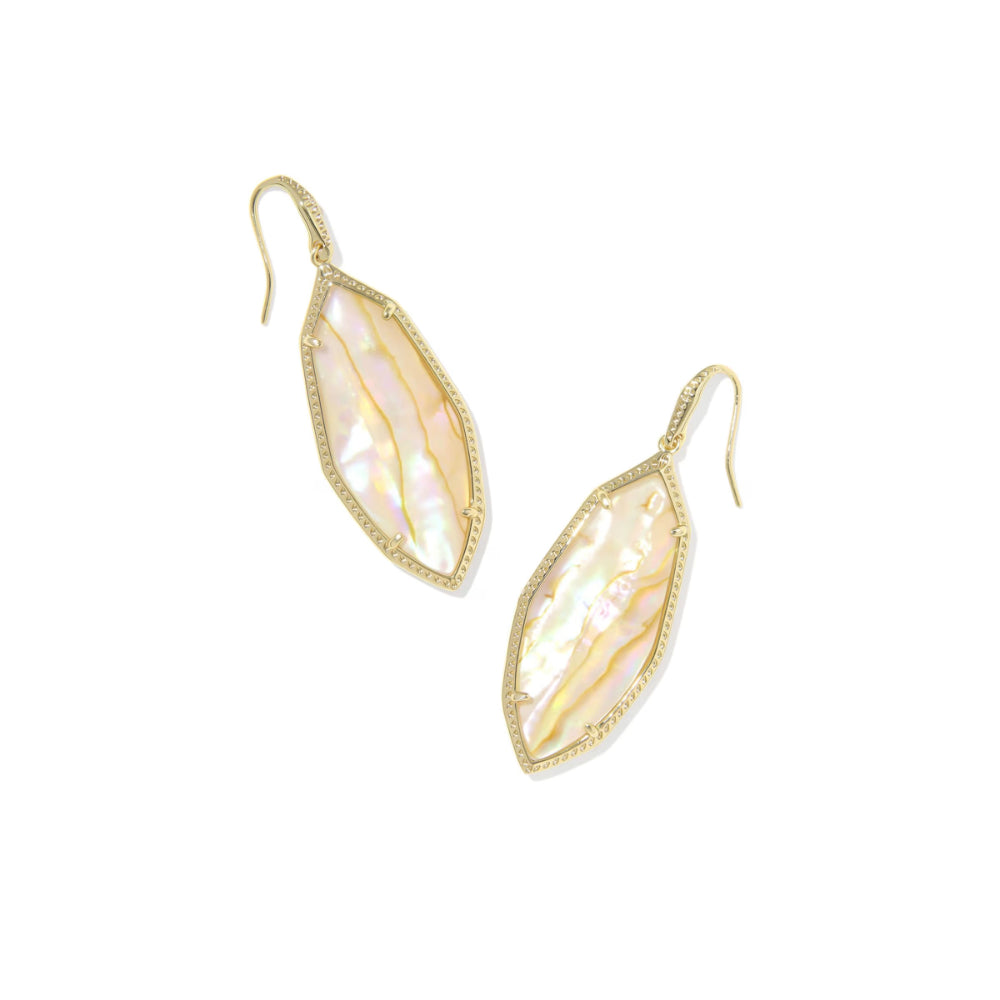 Gold earrings with a white stone on a white background