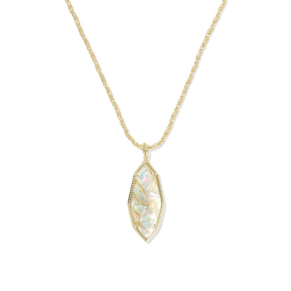 Gold necklace with a marquise-shaped pendant on a white background