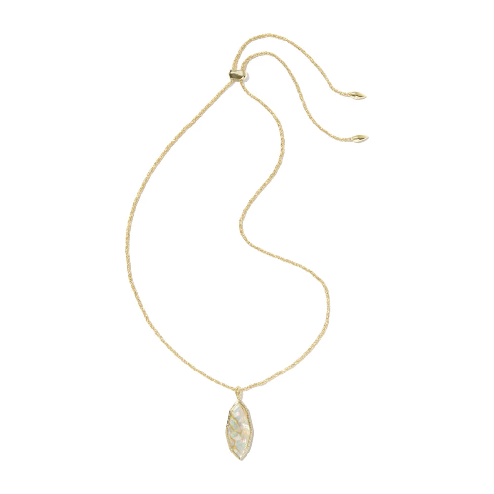 Gold necklace with a marquise-shaped pendant on a white background