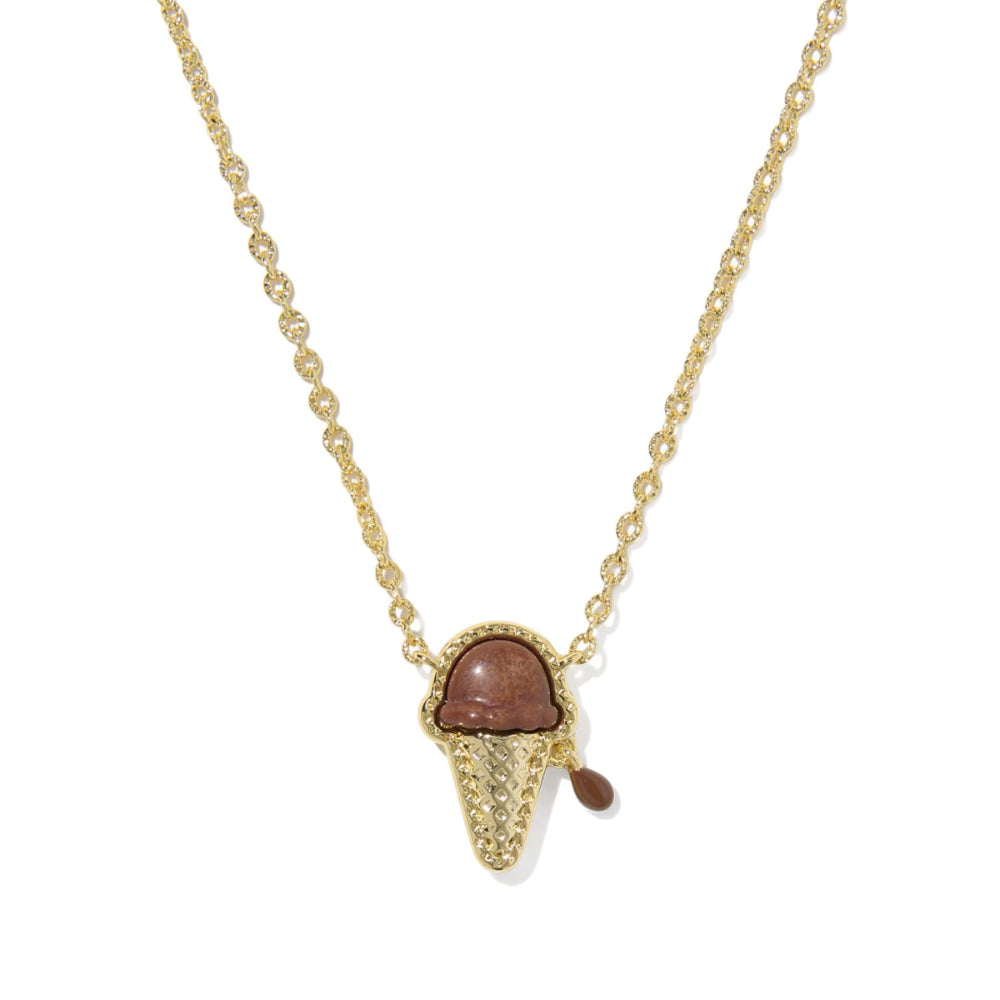 Necklace with a gold ice cream cone pendant on a white background